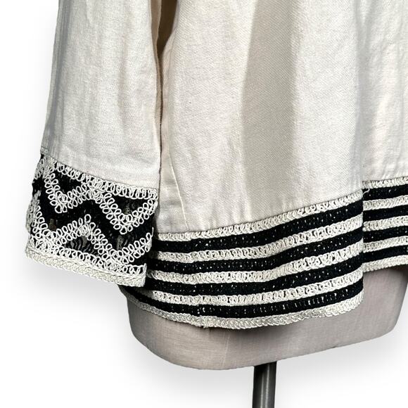 ZARA Crochet Linen Blend Tunic Top Beach Coastal V-Neck Cream Black Relaxed - Picture 6 of 16